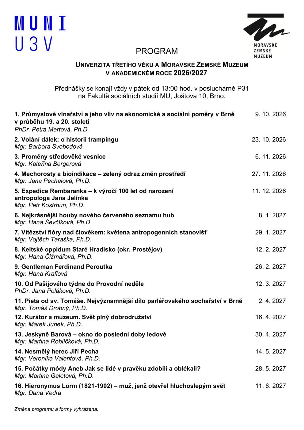 Univerzita třetího věku MZM 2026/2027